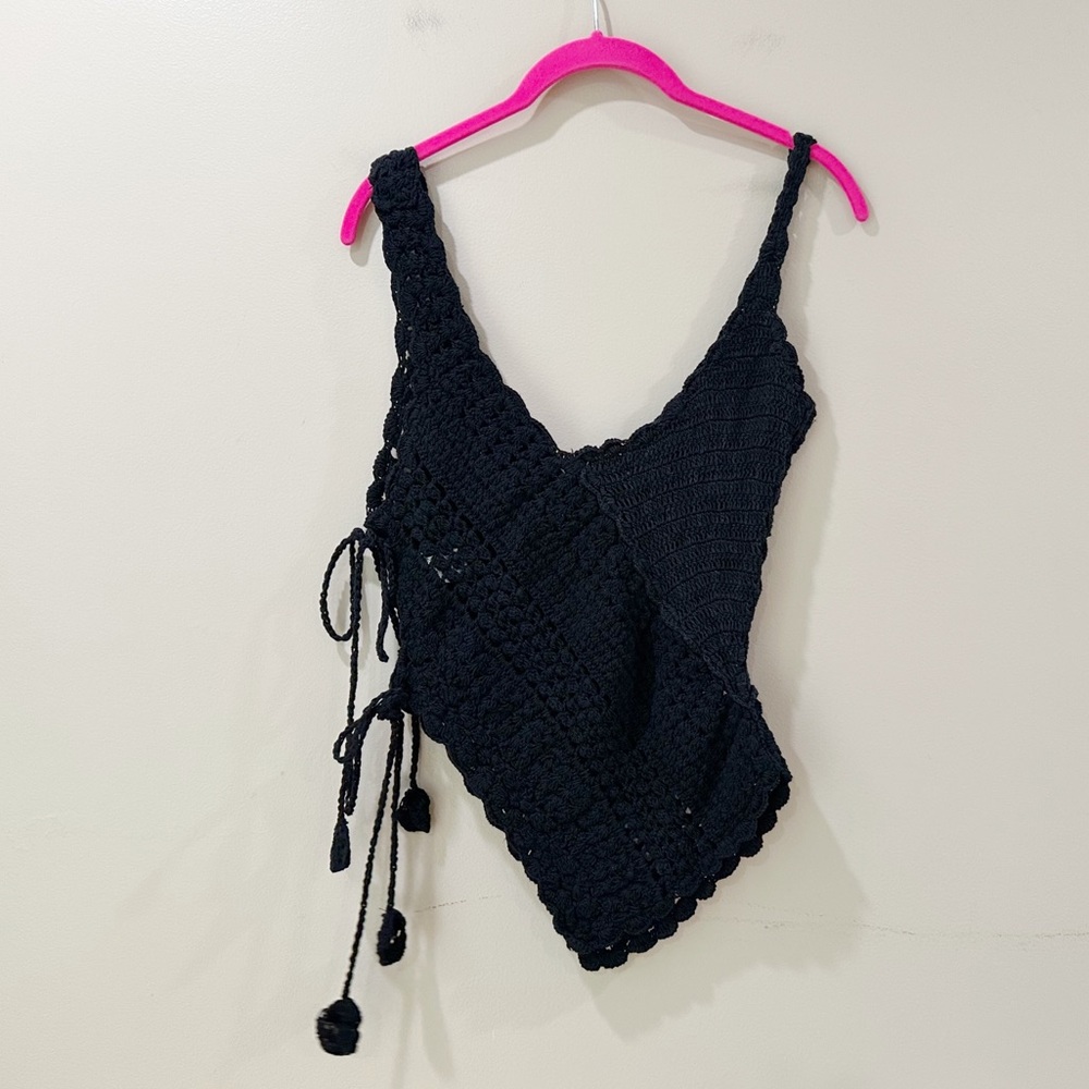 Zara Black Crochet Top Asymmetrical Scalloped Hem Side Tie Boho Festival Women S - Picture 3 of 8